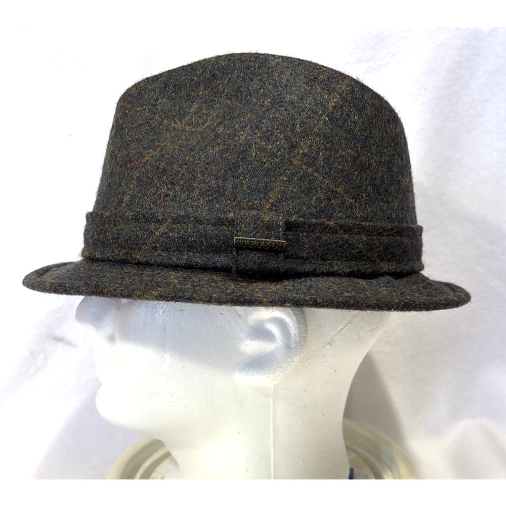 Stetson Wool Blend Trilby Fedora Hat W/ Plaid Lining Size Large Approx 7.5 Olive
